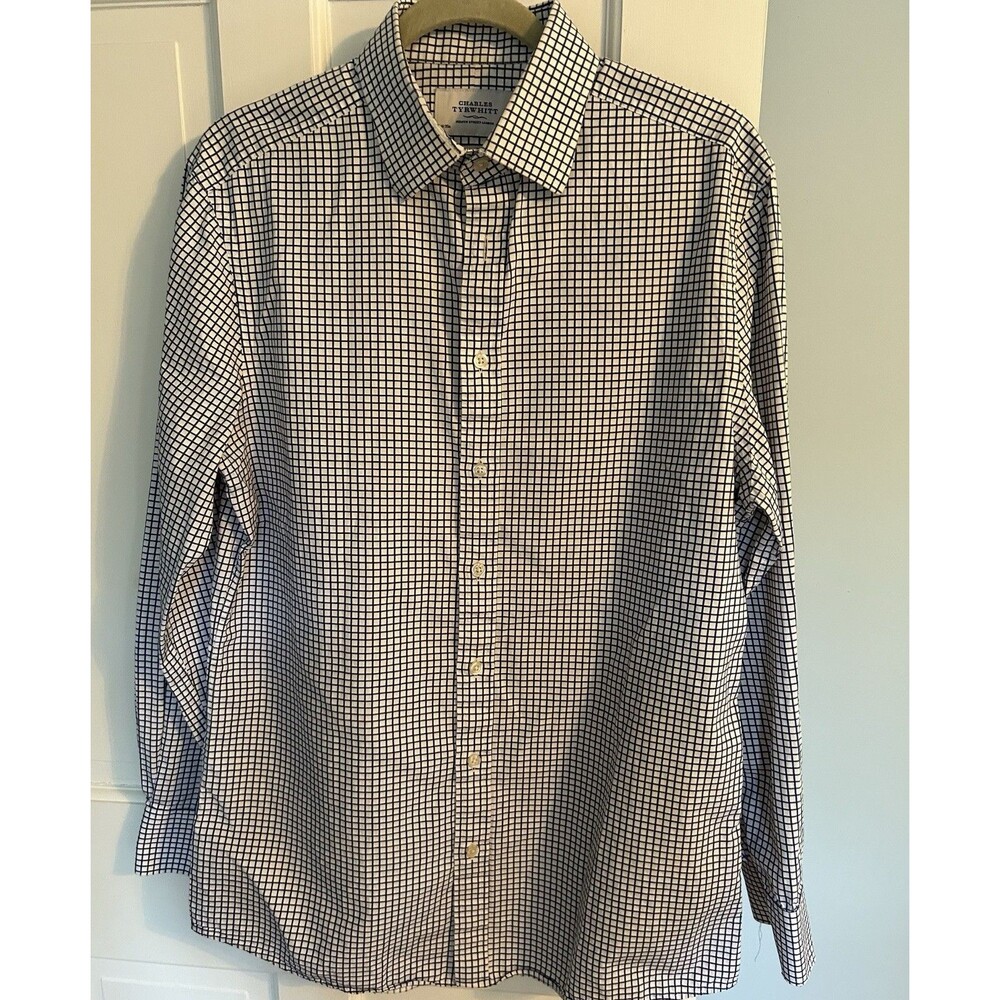 Charles Tyrwhitt Slim Fit 100% Cotton White Blue Check Dress Shirt 16 35